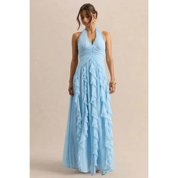 Bea | Robe longue bleu poudré à décolleté plongeant et volants