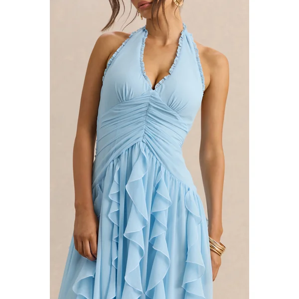 Bea | Robe longue bleu poudré à décolleté plongeant et volants