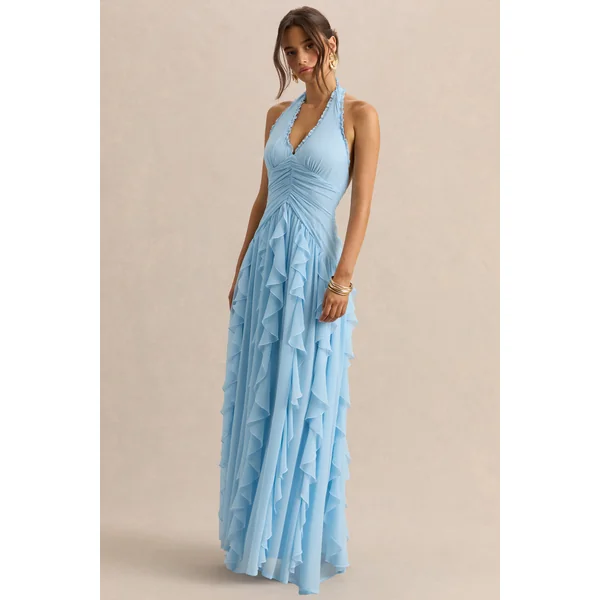 Bea | Robe longue bleu poudré à décolleté plongeant et volants