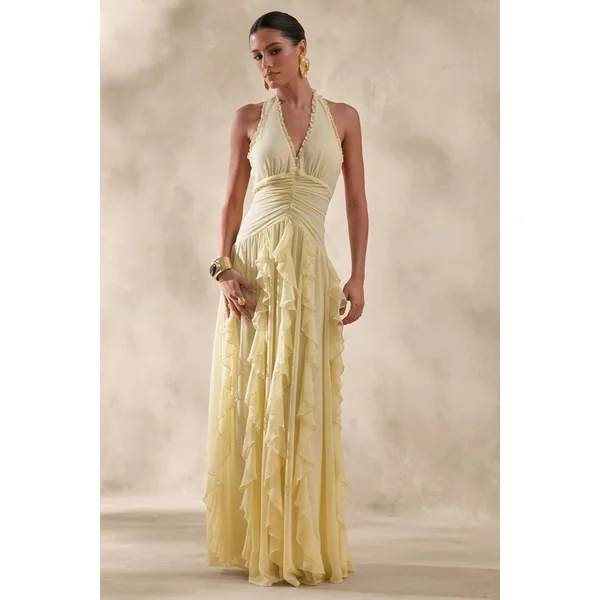 Bea | Robe longue citron à décolleté plongeant et volants