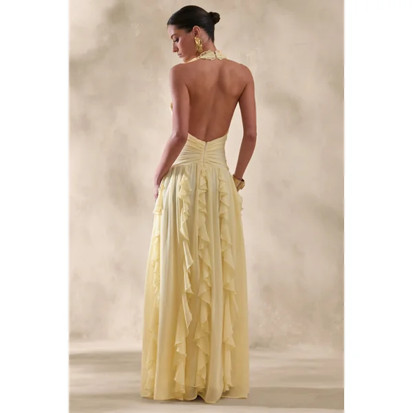 Bea | Robe longue citron à décolleté plongeant et volants
