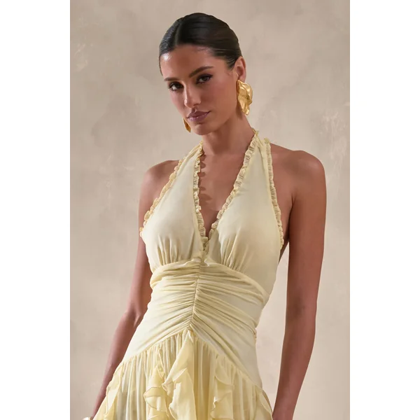 Bea | Robe longue citron à décolleté plongeant et volants
