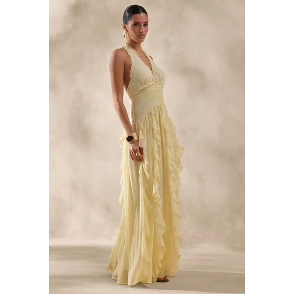 Bea | Robe longue citron à décolleté plongeant et volants