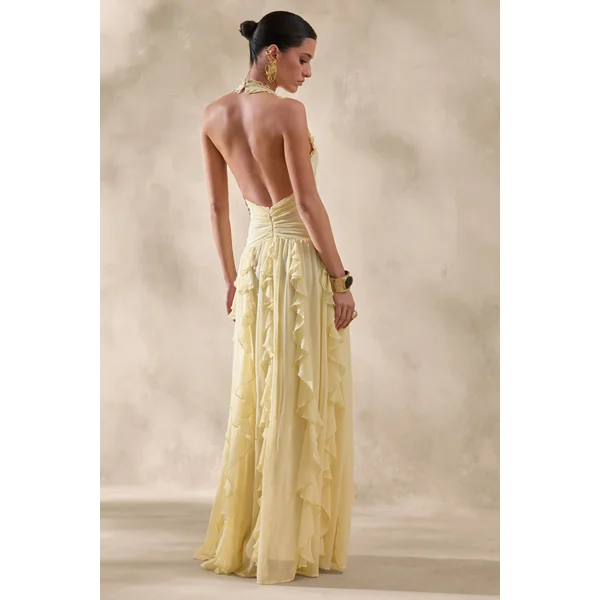 Bea | Robe longue citron à décolleté plongeant et volants