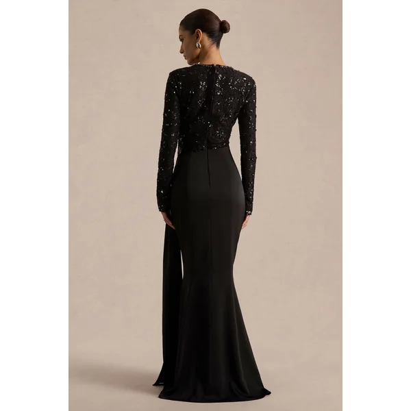 Beau | Robe longue noire en dentelle à encolure haute avec détail drapé