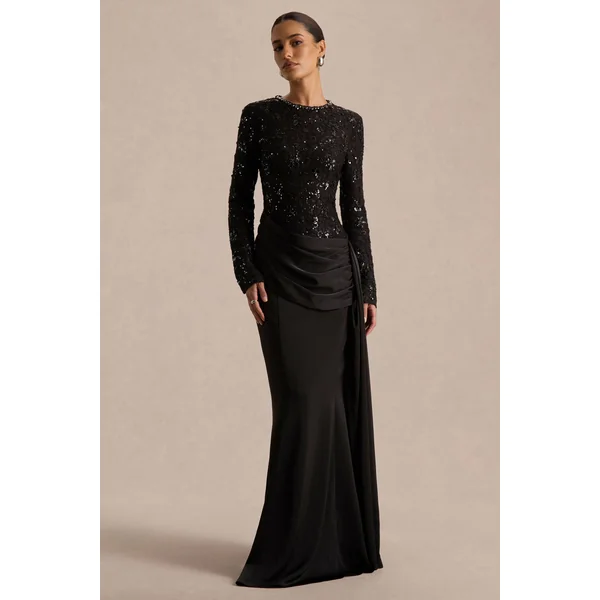 Beau | Robe longue noire en dentelle à encolure haute avec détail drapé