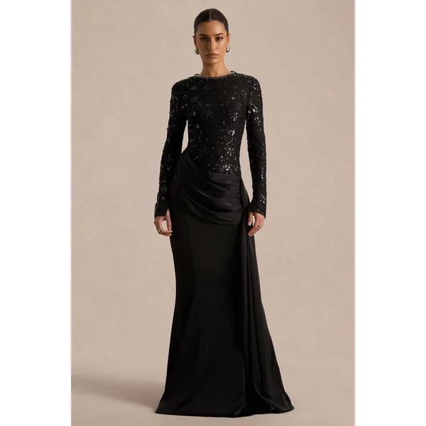 Beau | Robe longue noire en dentelle à encolure haute avec détail drapé