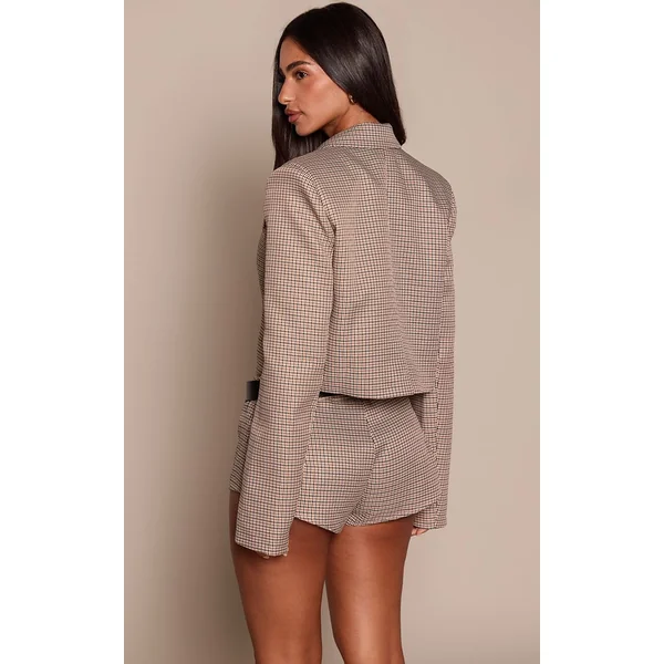 Beige Blazer Court Boxy À Carreaux Petite