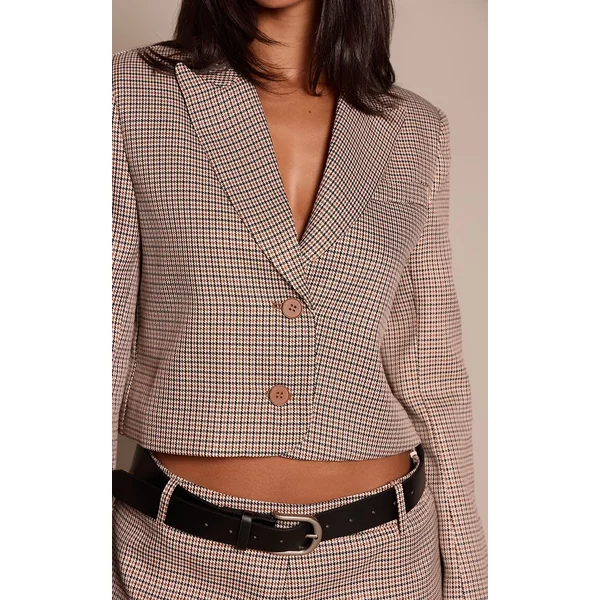 Beige Blazer Court Boxy À Carreaux Petite