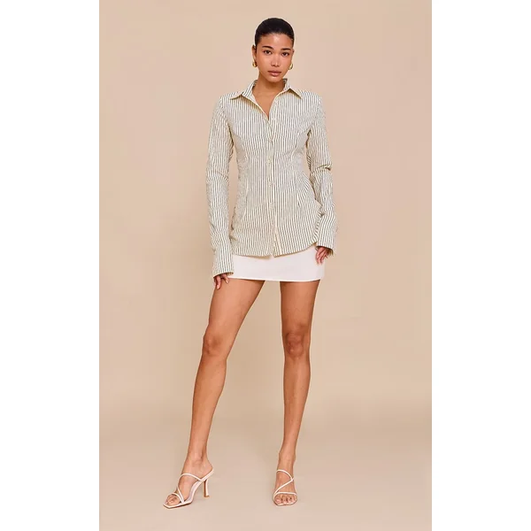 Beige Chemise Cintrée Tissée À Fines Rayures