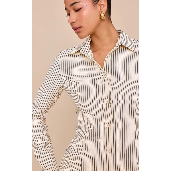 Beige Chemise Cintrée Tissée À Fines Rayures
