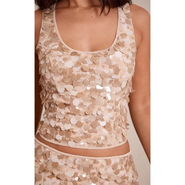 Beige Débardeur Petite À Col Rond Et Sequins