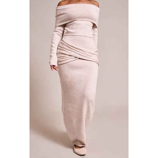 Beige Jupe Longue Côtelée En Maille Douce Petite
