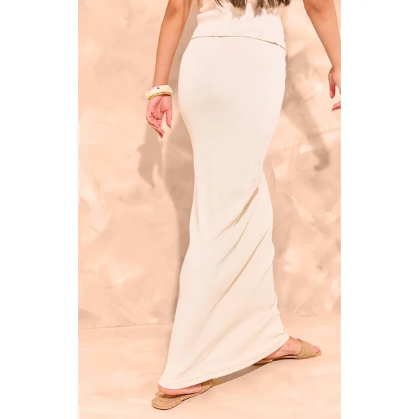 Beige Jupe Maxi Côtelée Taille Mi-haute Coordonnée