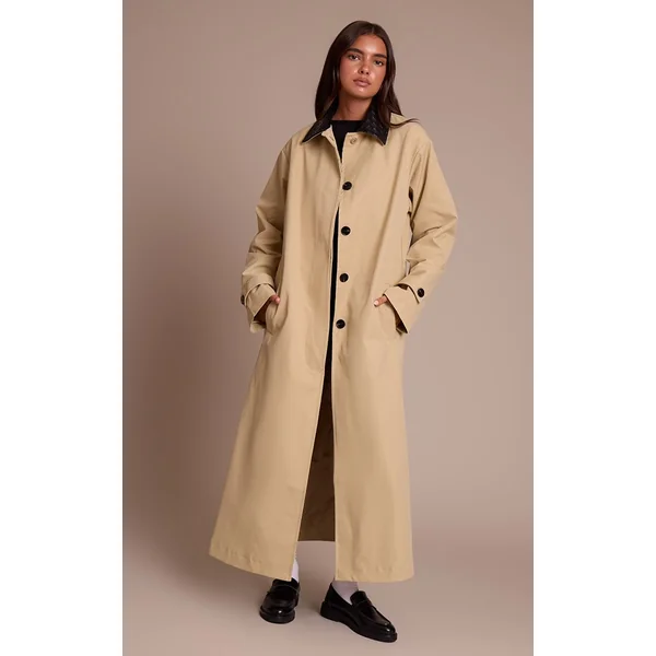 Beige Manteau Long Matelassé À Col Capitonné