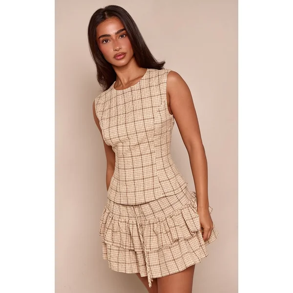 Beige Mini-jupe Taille Mi-haute À Volants Étagés Vichy Petite Ensemble Coordonné