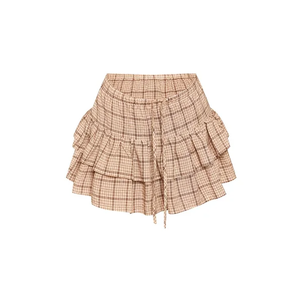 Beige Mini-jupe Taille Mi-haute À Volants Étagés Vichy Petite Ensemble Coordonné