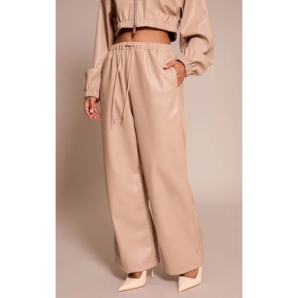 Beige Pantalon Large Taille Élastiquée En Synthétiquecuir Petite Taille Ensemble Coordonné