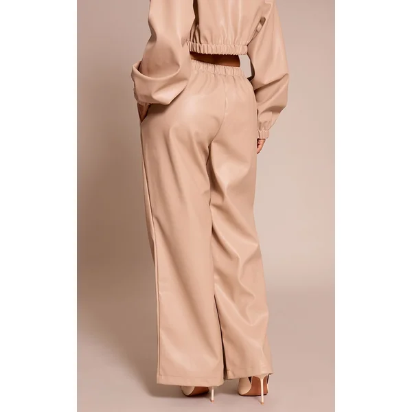 Beige Pantalon Large Taille Élastiquée En Synthétiquecuir Petite Taille Ensemble Coordonné
