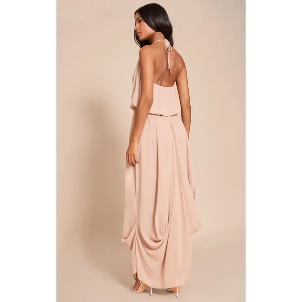 Beige Robe Longue Fluide En Mousseline De Soie Avec Col En V Drapé Pour Grande Taille
