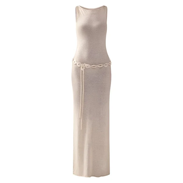 Beige Robe Maxi Tricotée À Détail Ceinture
