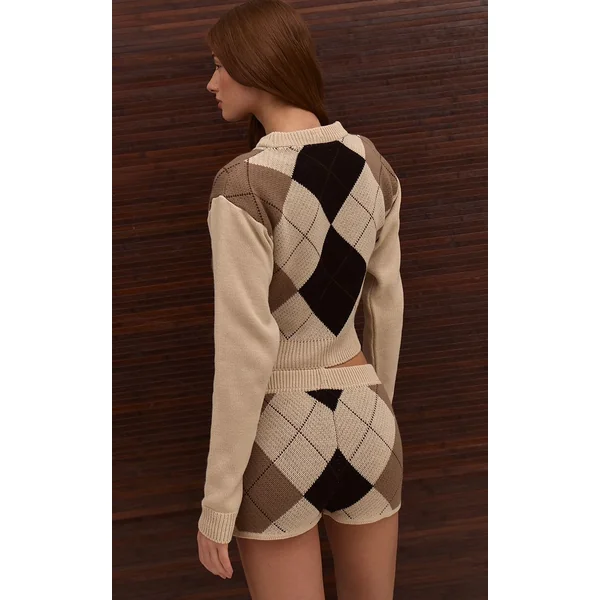 Beige Short Mini En Maille À Motif Argyle