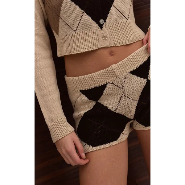 Beige Short Mini En Maille À Motif Argyle