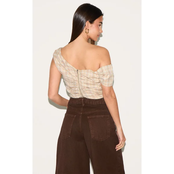 Beige Top Bardot Asymétrique À Carreaux