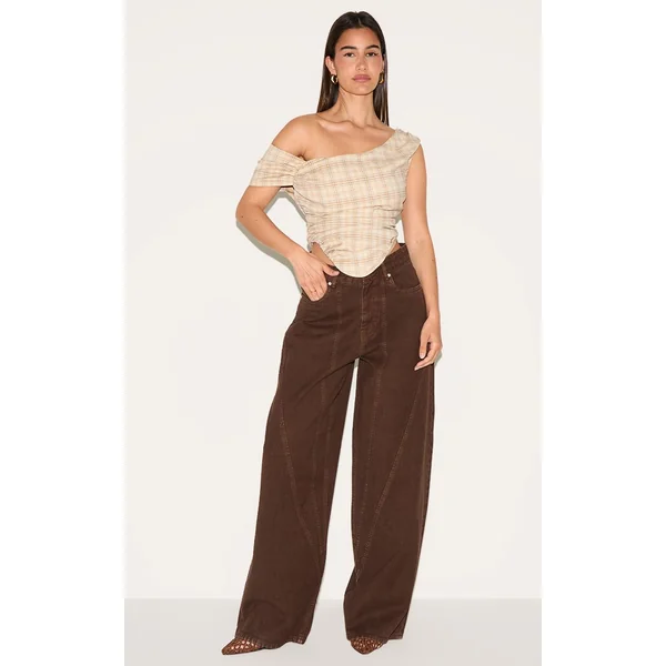 Beige Top Bardot Asymétrique À Carreaux