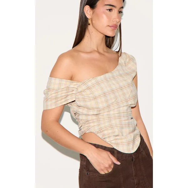 Beige Top Bardot Asymétrique À Carreaux