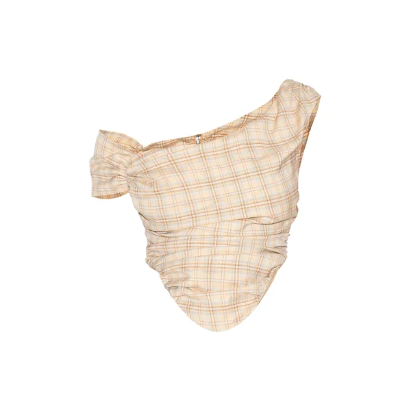 Beige Top Bardot Asymétrique À Carreaux