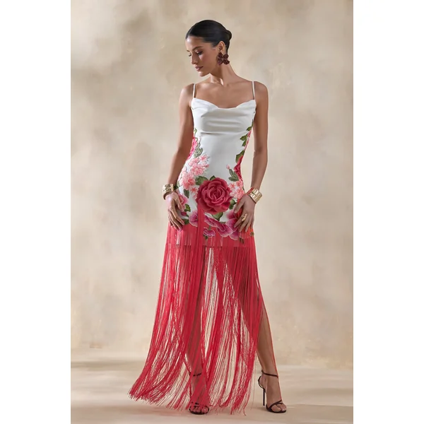 Bejewelled | Robe longue à encolure bénitier en imprimé floral crème et rose avec ourlet à franges