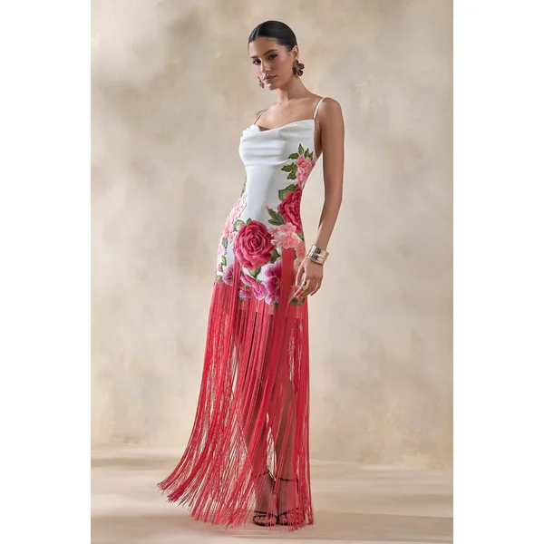 Bejewelled | Robe longue à encolure bénitier en imprimé floral crème et rose avec ourlet à franges