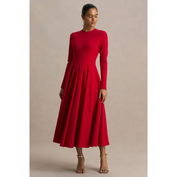 Bellamy | Robe mi-longue rouge à col rond et manches longues