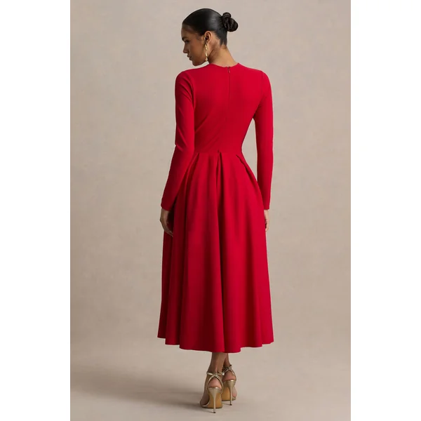 Bellamy | Robe mi-longue rouge à col rond et manches longues