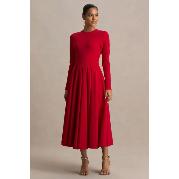 Bellamy | Robe mi-longue rouge à col rond et manches longues