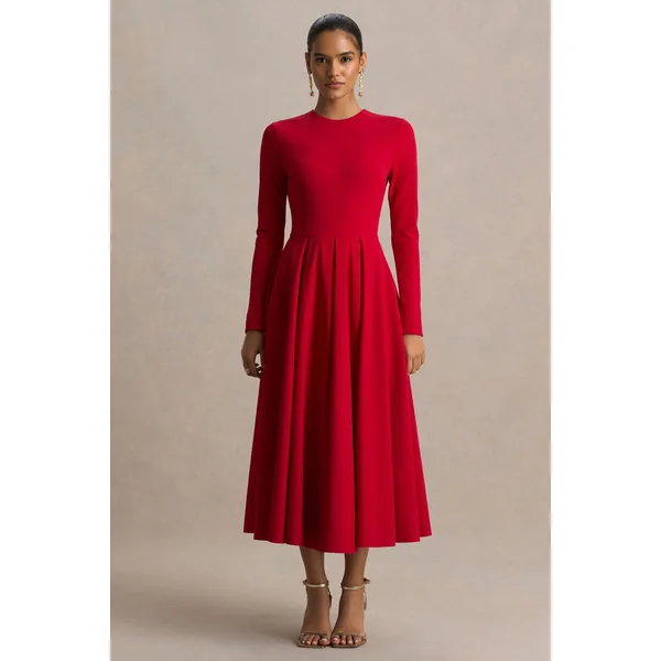 Bellamy | Robe mi-longue rouge à col rond et manches longues