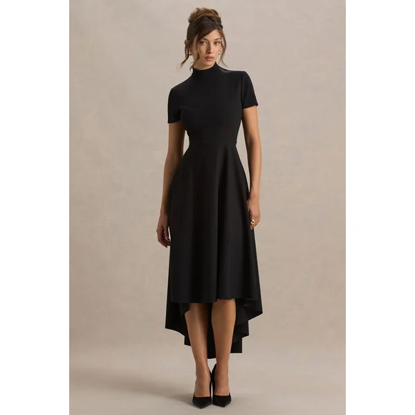 Bellona | Robe mi-longue noire asymétrique à encolure haute