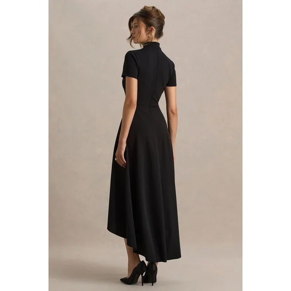 Bellona | Robe mi-longue noire asymétrique à encolure haute