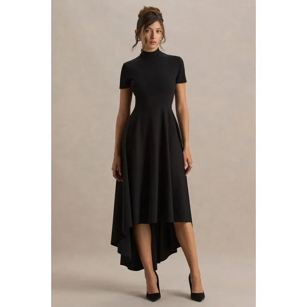 Bellona | Robe mi-longue noire asymétrique à encolure haute