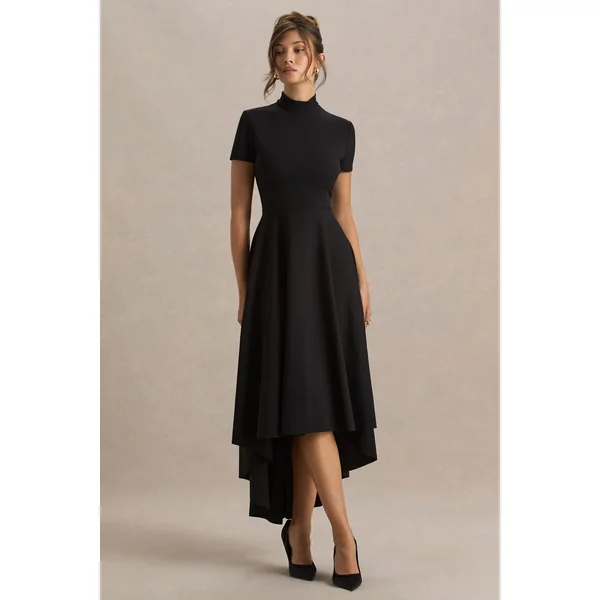 Bellona | Robe mi-longue noire asymétrique à encolure haute