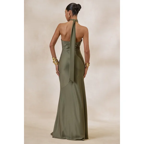 Bellora | Robe longue kaki en satin à encolure dos nu et détail écharpe