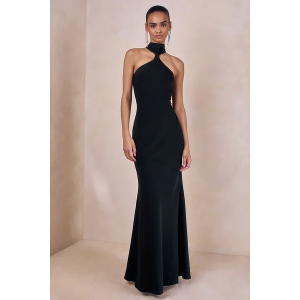 Bellora | Robe longue noire en satin à encolure dos nu et détail écharpe