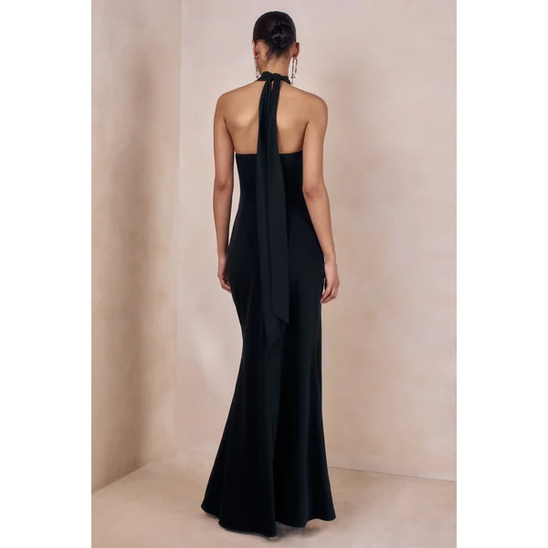 Bellora | Robe longue noire en satin à encolure dos nu et détail écharpe