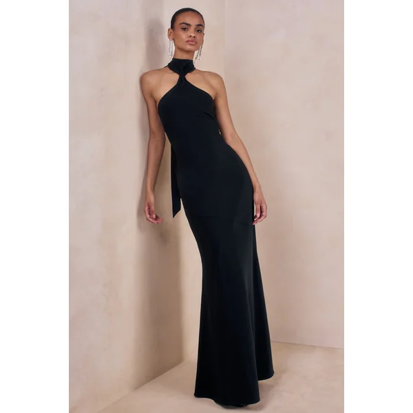 Bellora | Robe longue noire en satin à encolure dos nu et détail écharpe