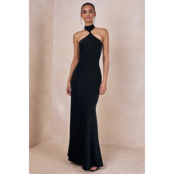 Bellora | Robe longue noire en satin à encolure dos nu et détail écharpe