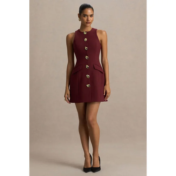 Belony | Mini-robe prune foncé à encolure ras-du-cou avec détails de boutons
