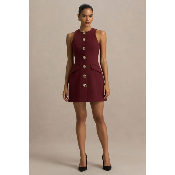 Belony | Mini-robe prune foncé à encolure ras-du-cou avec détails de boutons