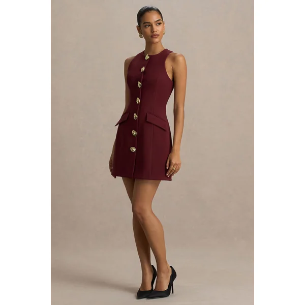 Belony | Mini-robe prune foncé à encolure ras-du-cou avec détails de boutons