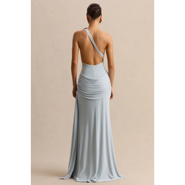 Belrose | Robe longue bleue à encolure asymétrique avec détail doré et haute fente à l’avant